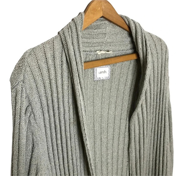 Longline Ribbed Braided Duster Open Cardigan Grey Fair Isle Hem Pockets M/L - Picture 3 of 8
